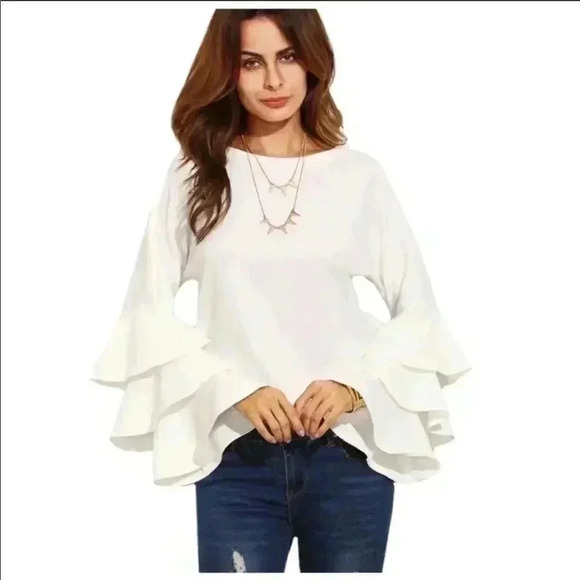 Eggshell White Layered Ruffle Sleeve Waist Top - Picture 1 of 5